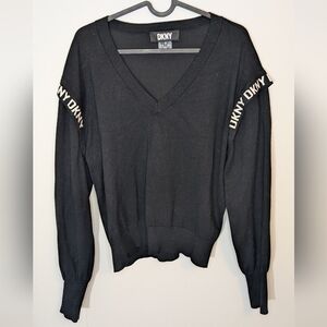 DKNY V neck long sleeve sweater logo shoulder detail black - size M